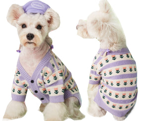 Purple Flower Pet Sweater Cardigan For Stylish Warm Comfort