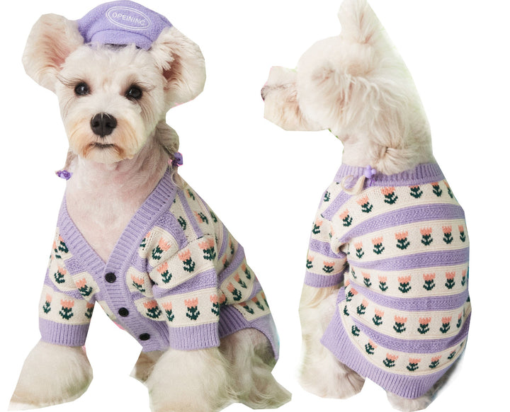 Purple Flower Pet Sweater Cardigan For Stylish Warm Comfort